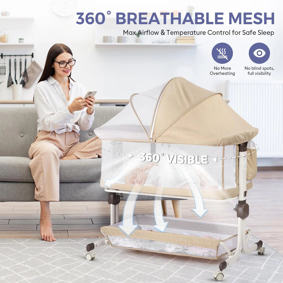 Woman seated beside a beige bedside bassinet with mesh sides, under a “360° Breathable Mesh” heading.