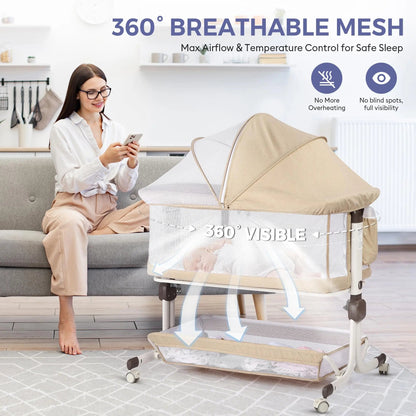 Woman seated beside a beige bedside bassinet with mesh sides, under a “360° Breathable Mesh” heading.