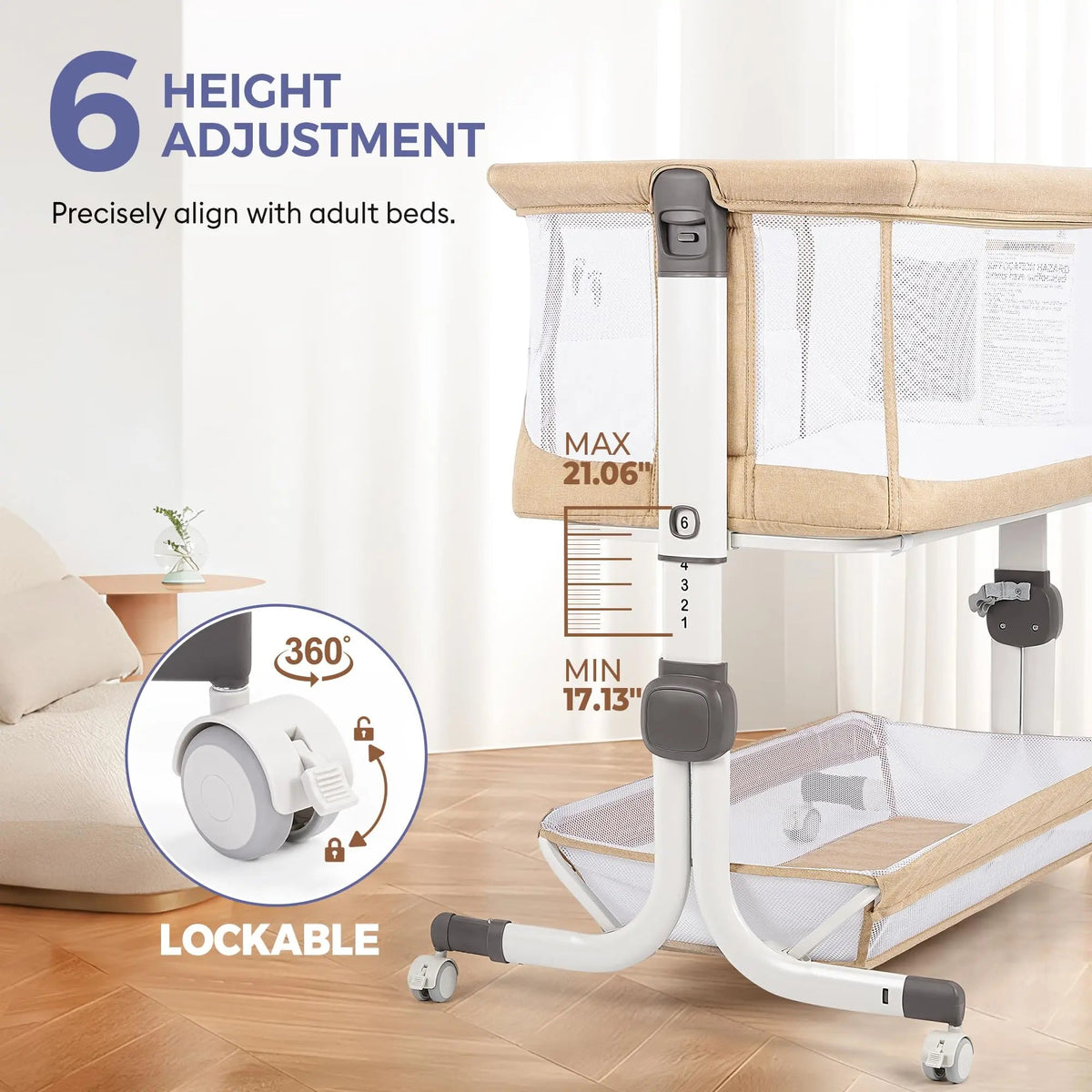 Close-up of the bassinet frame with height-adjustment positions and a locking-wheel callout.