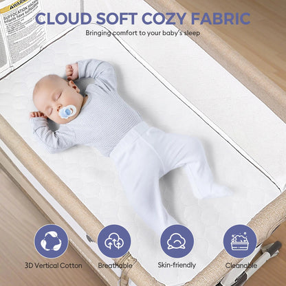 Baby resting in a beige bedside bassinet with white bedding, under a “Cloud Soft Cozy Fabric” heading.