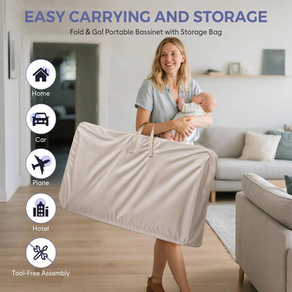 Woman holding a beige bassinet storage bag beneath icons for home, car, plane, and hotel.