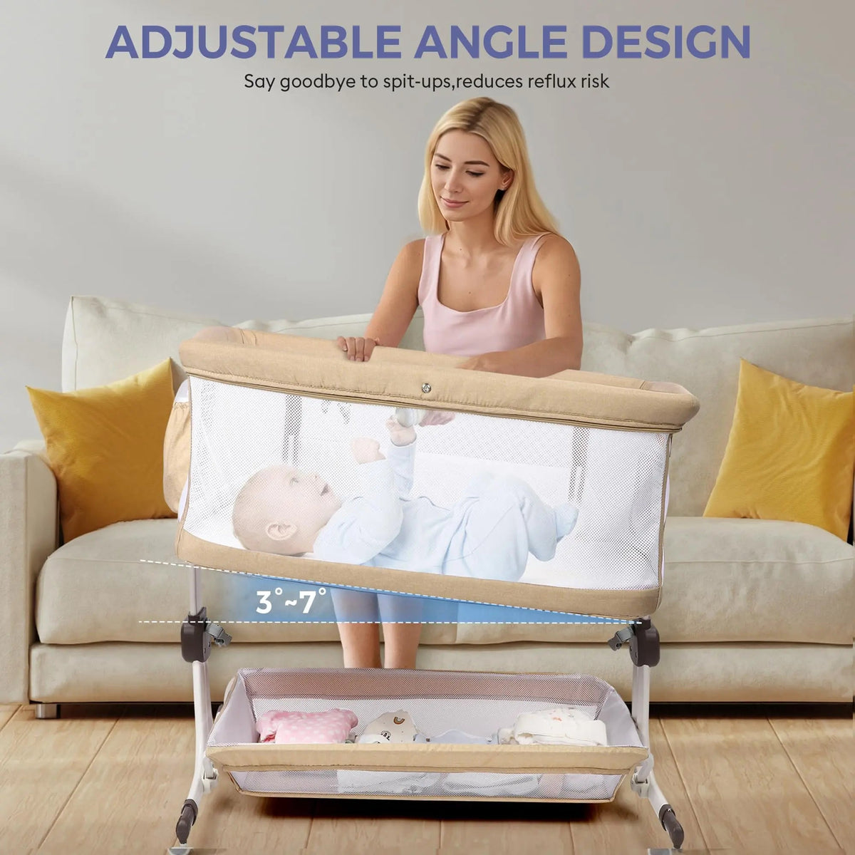 Woman standing behind a beige bedside bassinet with a 3°–7° angle adjustment callout.
