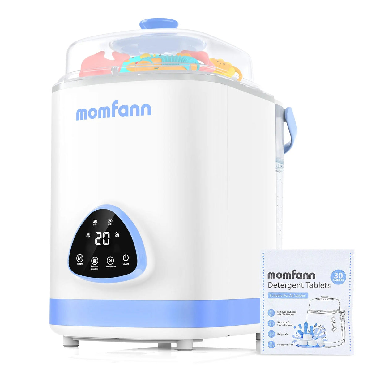 Momfann bottle washer with a detergent tablet box beside it on a white background.
