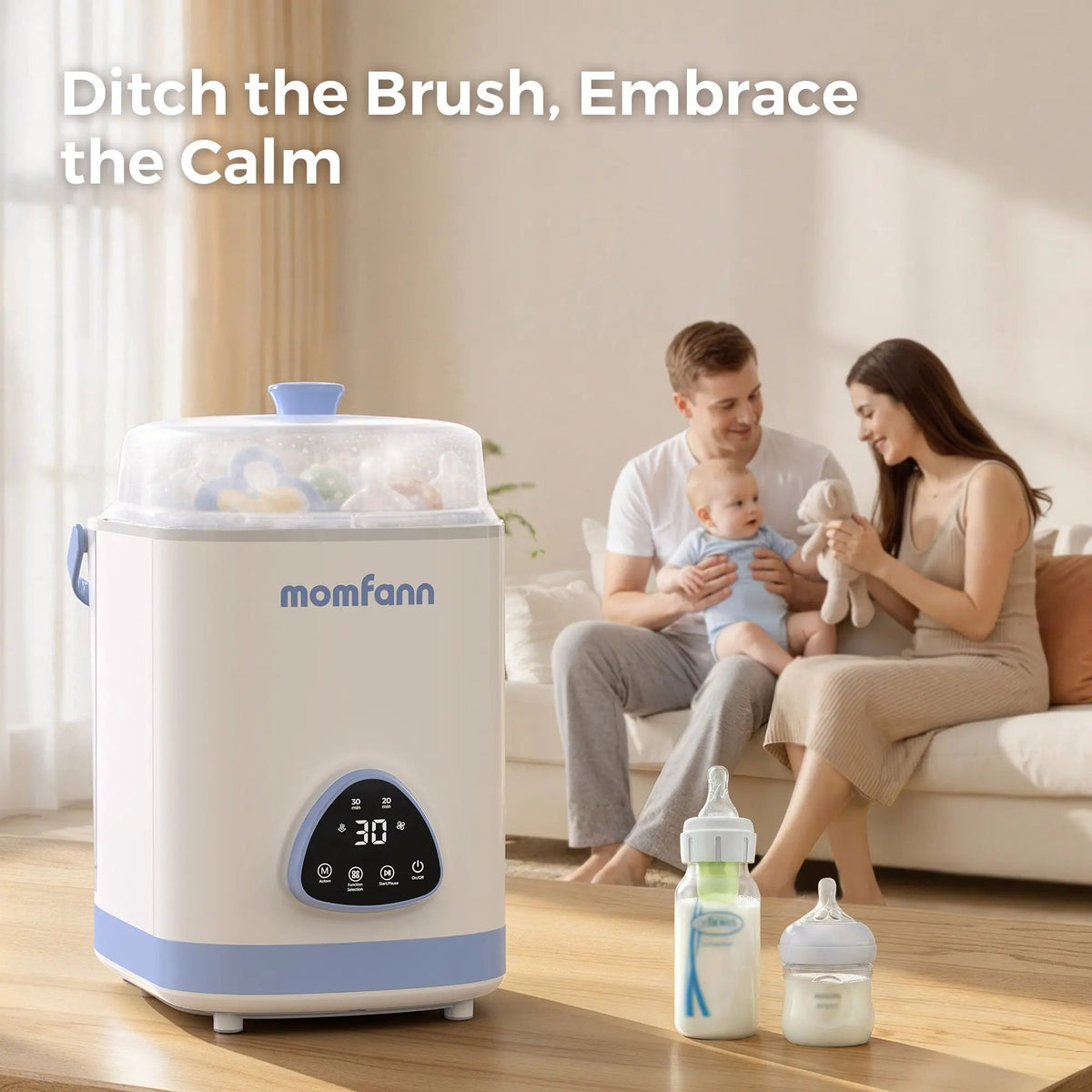Parents with a baby beside the Momfann bottle washer and feeding bottles, under a “Ditch the Brush” heading.