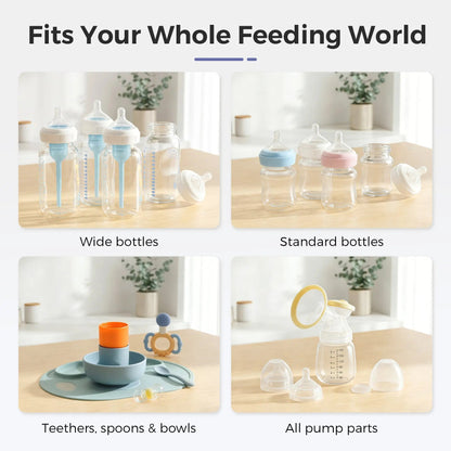 Graphic showing wide bottles, standard bottles, teethers, spoons, bowls, and pump parts.
