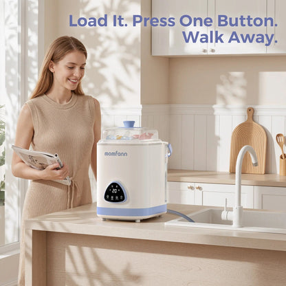 Woman beside the Momfann bottle washer on a kitchen counter, under a “Load It, Press One Button” heading.