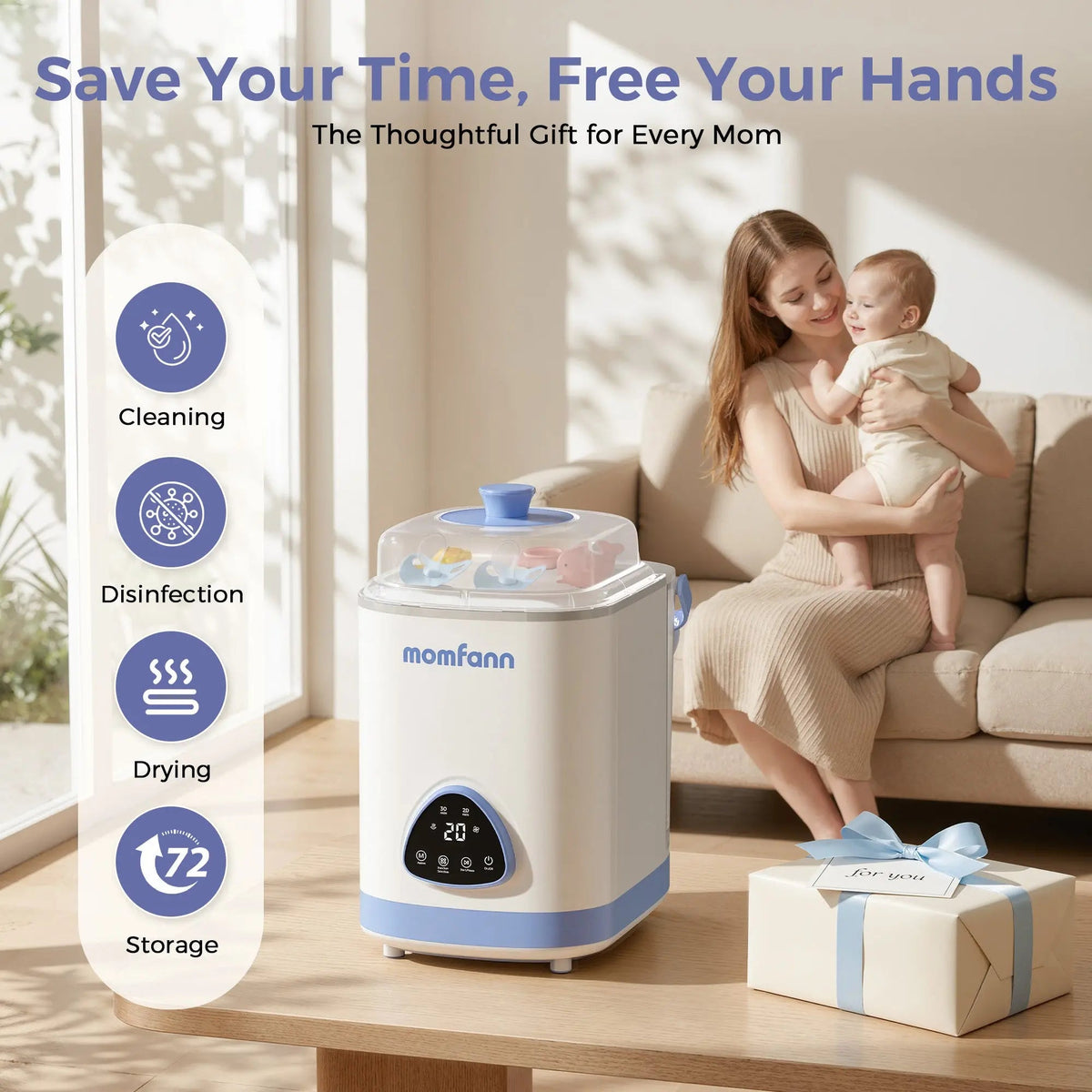 Woman holding a baby beside the Momfann bottle washer, with icons for cleaning, drying, and storage.