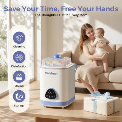 Woman holding a baby beside the Momfann bottle washer, with icons for cleaning, drying, and storage.