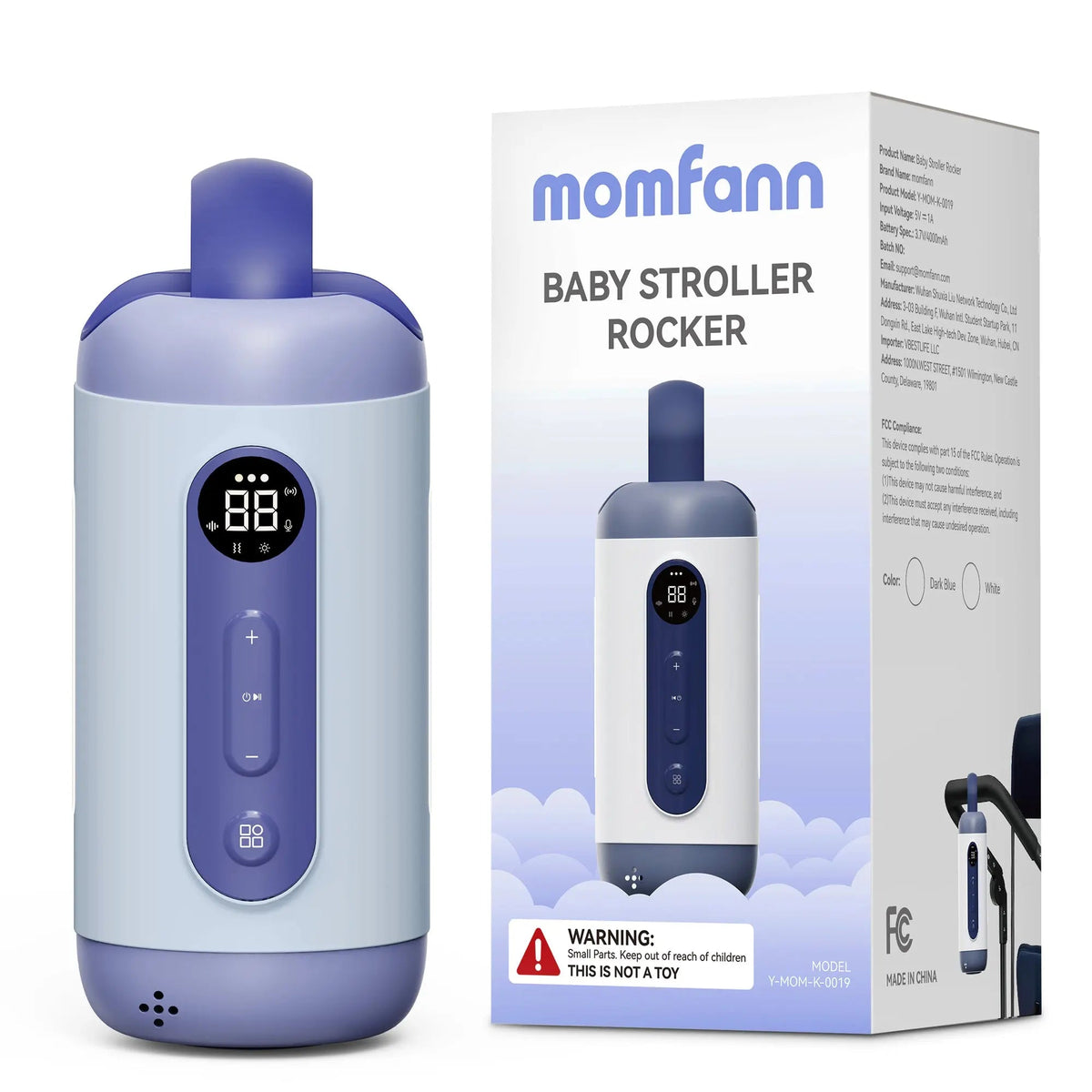 Momfann baby rocker device beside its retail box on a white background.