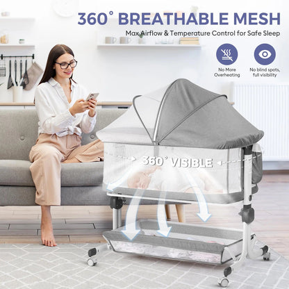 Woman seated beside a gray bedside bassinet with mesh sides, under a “360° Breathable Mesh” heading.
