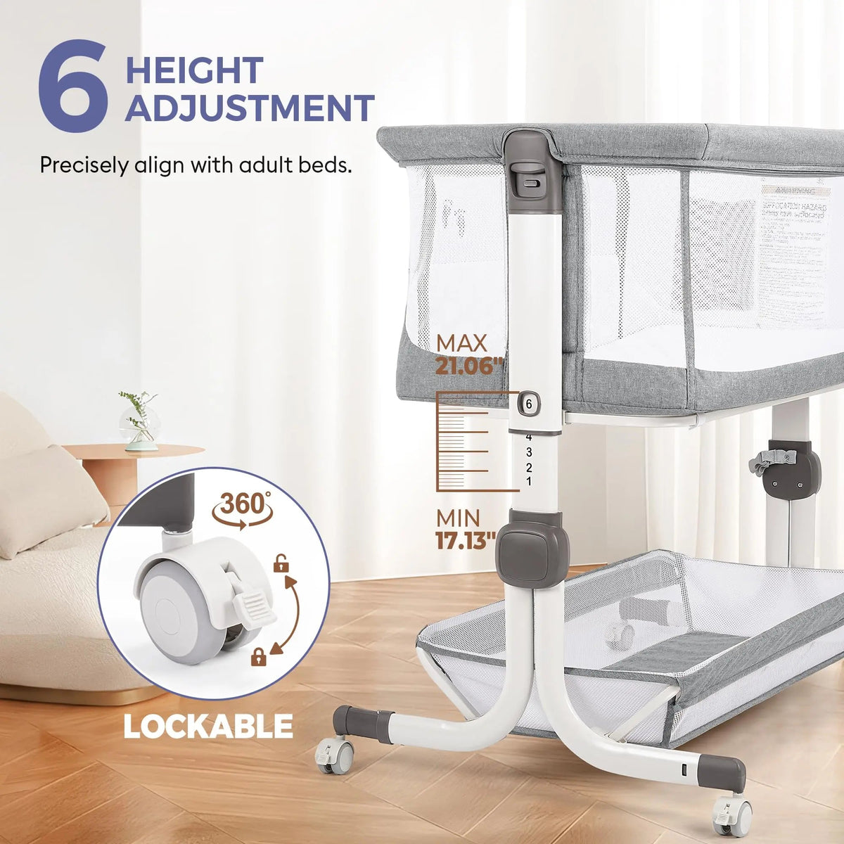 Close-up of the gray bassinet frame with height-adjustment positions and a locking-wheel callout.