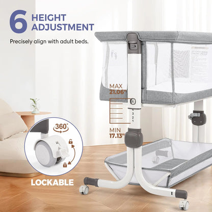 Close-up of the gray bassinet frame with height-adjustment positions and a locking-wheel callout.