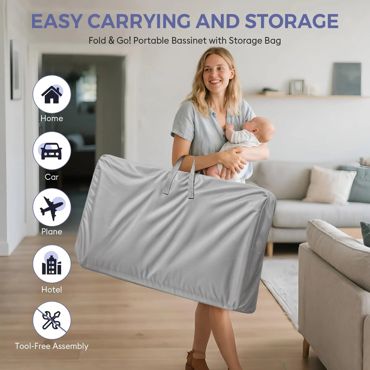 Woman holding a folded gray bassinet storage bag beside a baby, with icons for home, car, plane, and hotel.