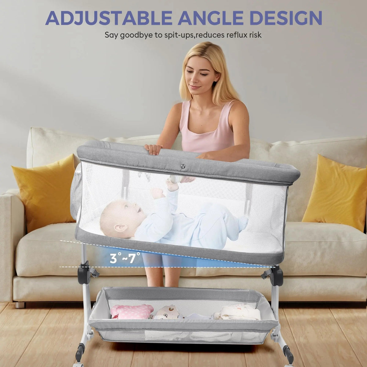 Woman beside a gray bassinet with a 3°–7° angle adjustment callout.