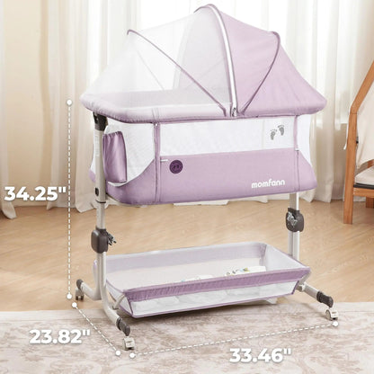 Lavender bedside bassinet with mesh canopy and lower storage shelf, shown with dimension callouts.