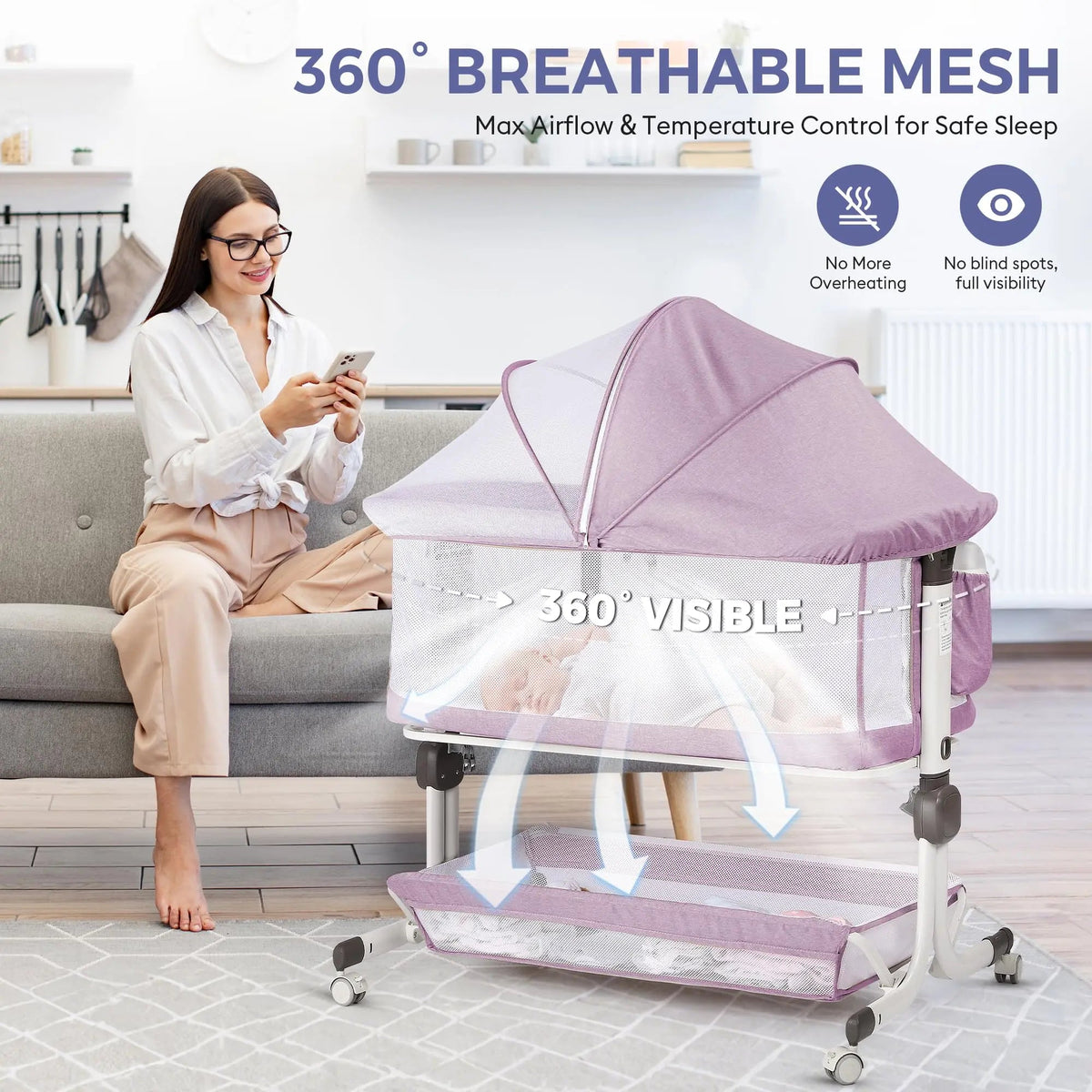 Woman seated beside a lavender bedside bassinet with mesh sides, under a “360° Breathable Mesh” heading.