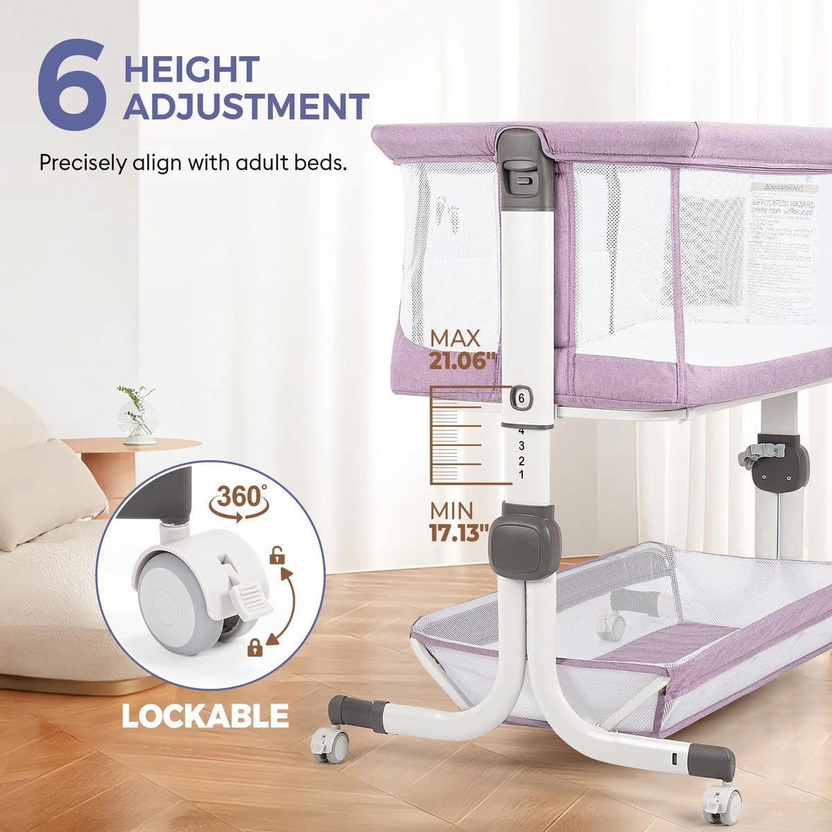Close-up of a lavender bassinet frame with height-adjustment positions and a locking-wheel callout.