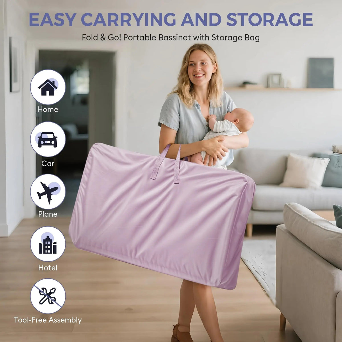 Woman holding a folded lavender bassinet storage bag beside a baby, with icons for home, car, plane, and hotel.