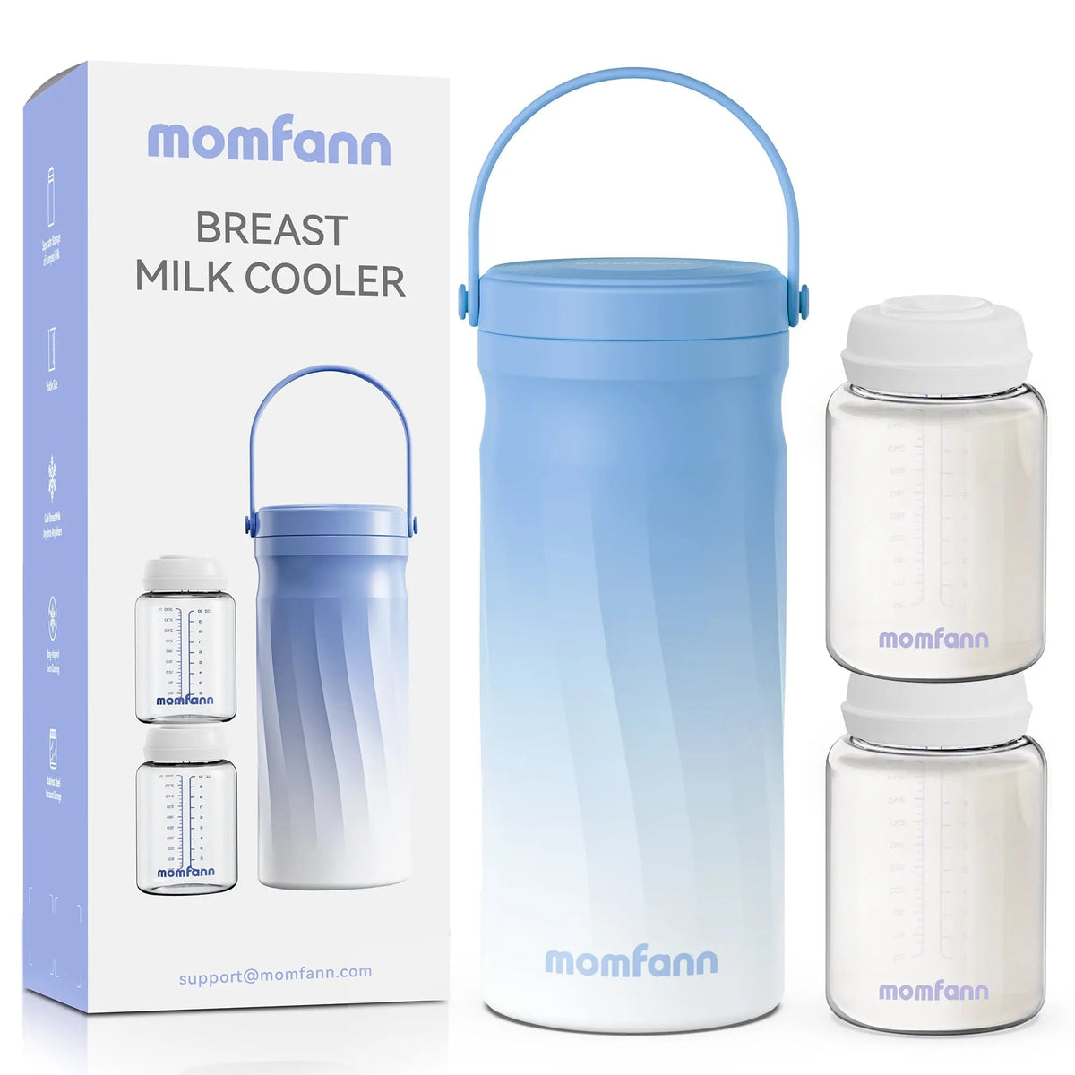 Blue Momfann breast milk cooler set with a handled cooler, two storage bottles, and product box on white.