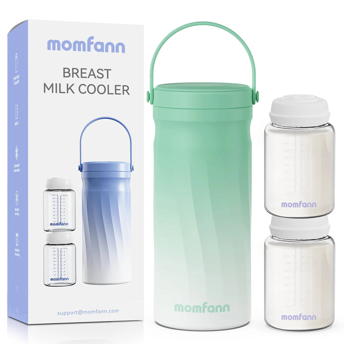 Green Momfann breast milk cooler set with a handled cooler, two bottles, and packaging on a white background.