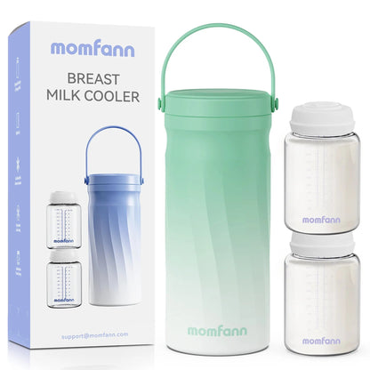 Green Momfann breast milk cooler set with a handled cooler, two bottles, and packaging on a white background.