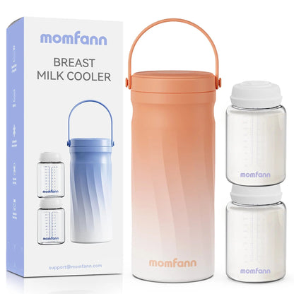 Orange Momfann breast milk cooler set with a handled cooler, two storage bottles, and product packaging on white.