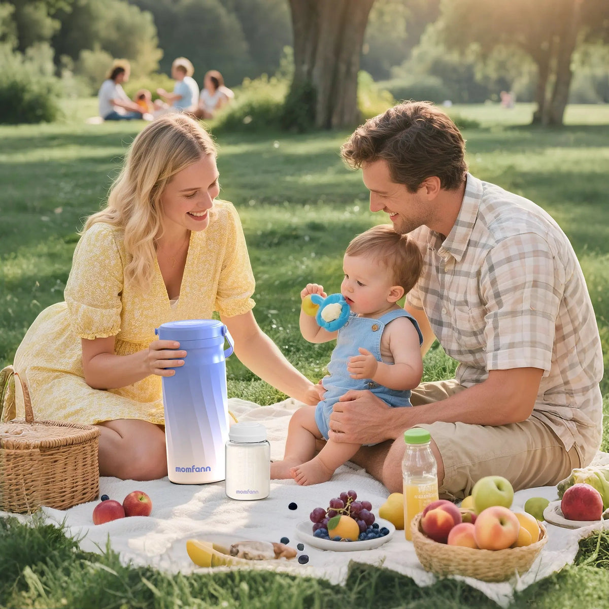 Family on a park picnic with a blue Momfann breast milk cooler, bottles, and fruit.