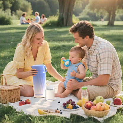 Family on a park picnic with a blue Momfann breast milk cooler, bottles, and fruit.