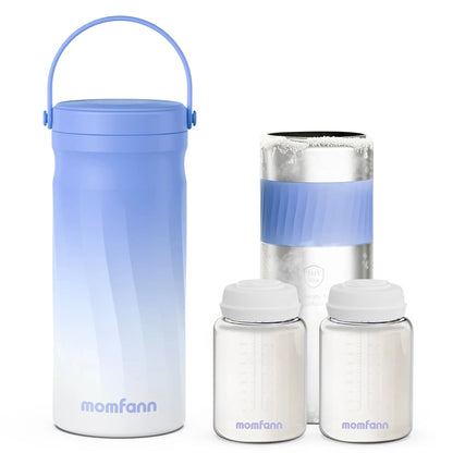 Momfann breast milk cooler set with a blue handled cooler, a silver-and-blue container, and two storage bottles.