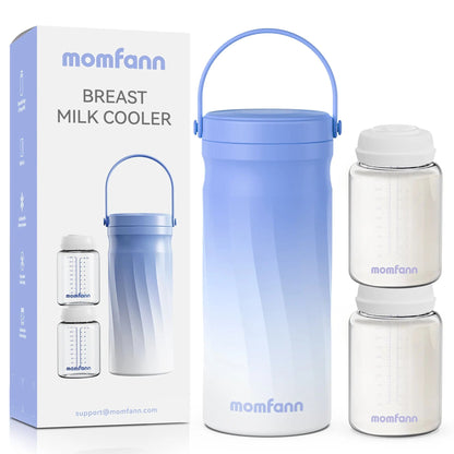 Momfann breast milk cooler set with a blue handled cooler, two bottles, and the product box.
