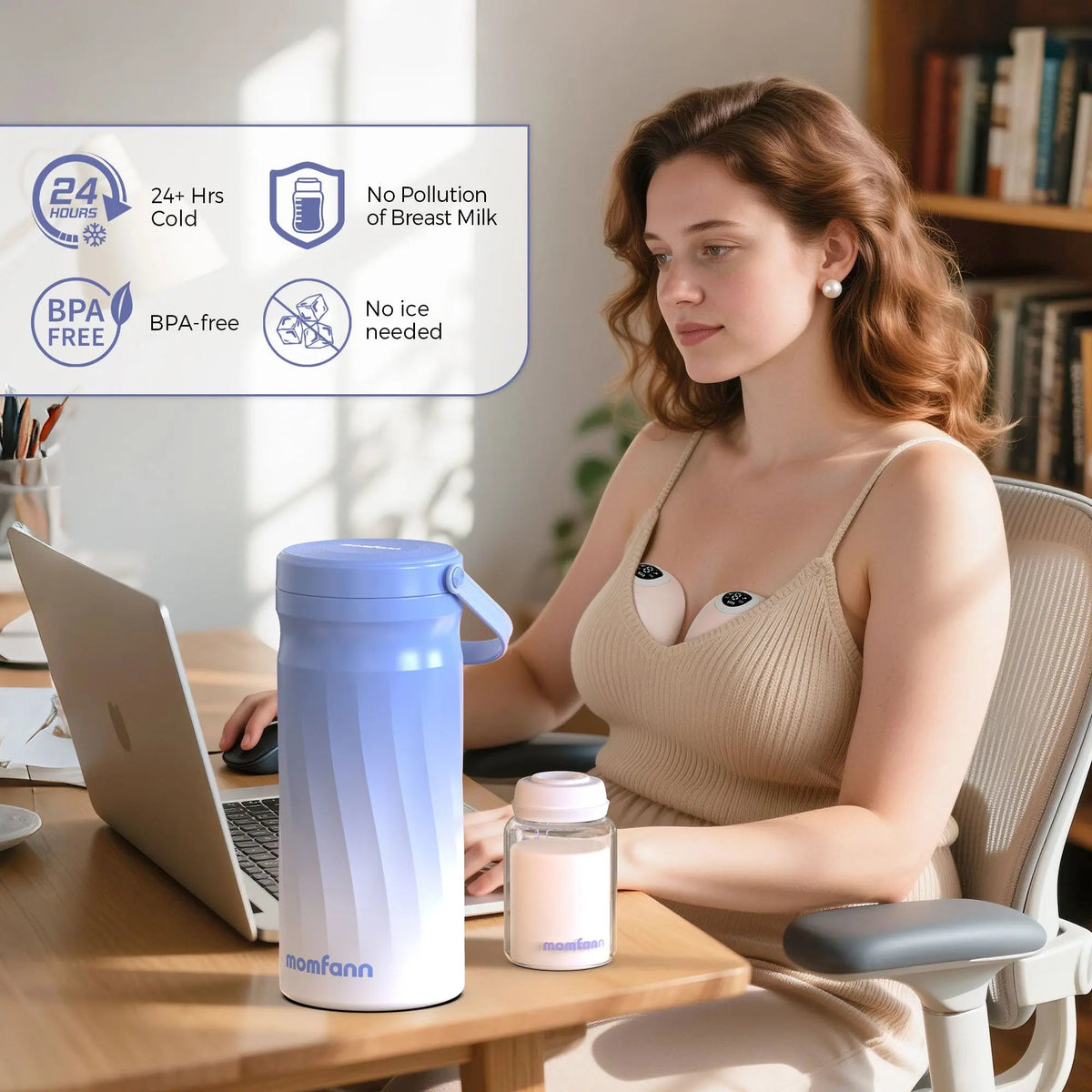 Woman working at a desk beside a blue-and-white breast milk cooler and bottle.