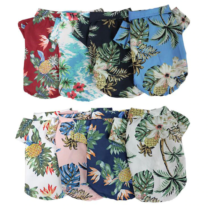 Eight Hawaiian pet shirts arranged in two overlapping rows
