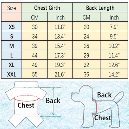 Hawaiian pet shirt size chart with chest and back measurements in centimeters and inches