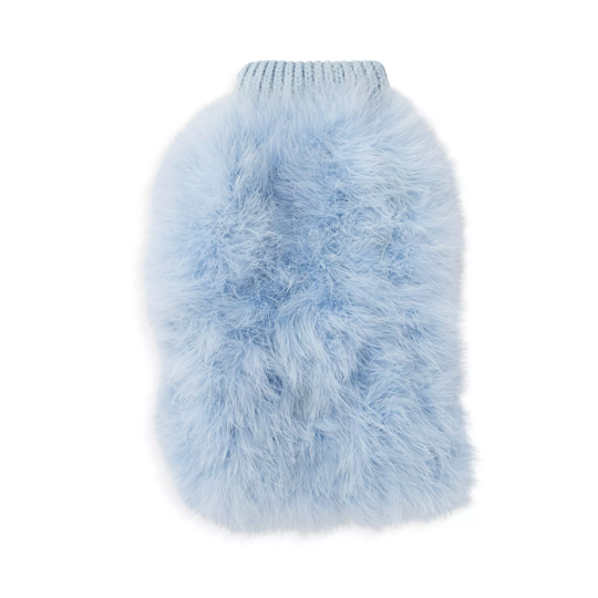 Blue fluffy pet sweater laid flat, showing its knitted neckline and textured body