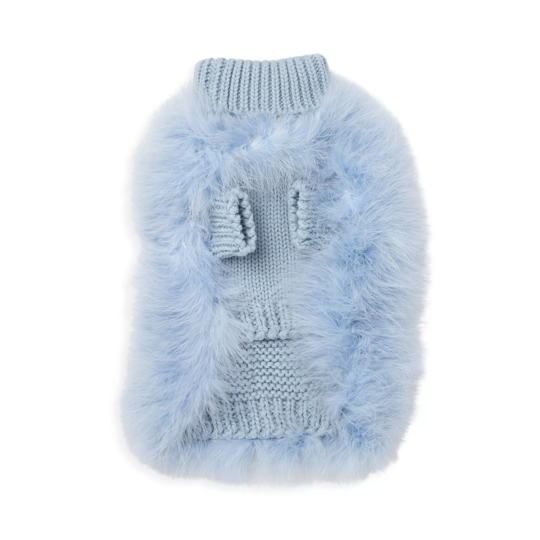 Underside of a blue fluffy pet sweater, showing two knitted sleeve openings and a ribbed hem