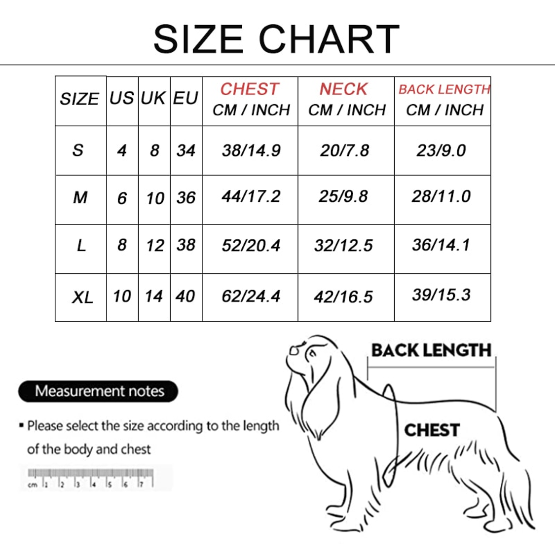 Pet sweater size chart for S–XL, showing chest, neck and back measurements in centimeters and inches