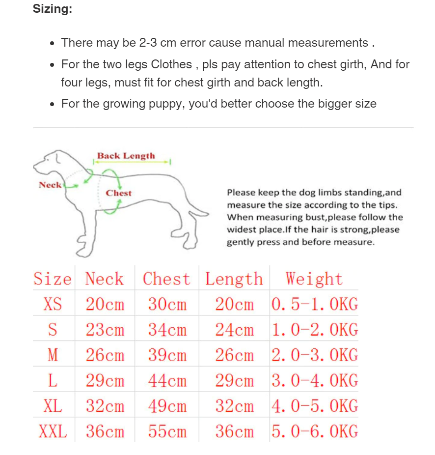 Cartoon dog hoodie size chart with neck chest and back measurements