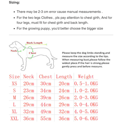 Cartoon dog hoodie size chart with neck chest and back measurements