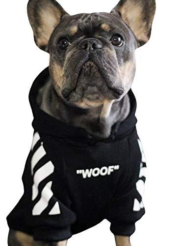 Close up of dog wearing a black WOOF hoodie with white sleeve graphics