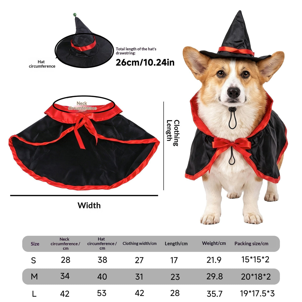 Dog wearing a cape and pointed hat beside garment measurements and an S–L size chart