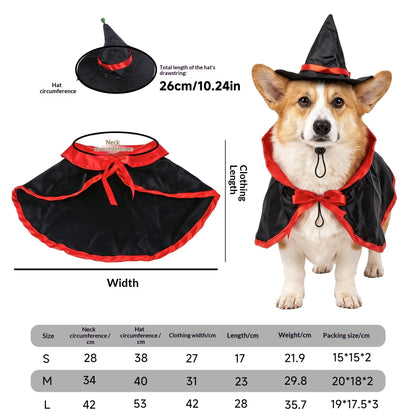 Dog wearing a cape and pointed hat beside garment measurements and an S–L size chart