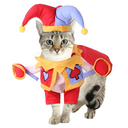 Cat wearing a colorful jester costume with a matching hat