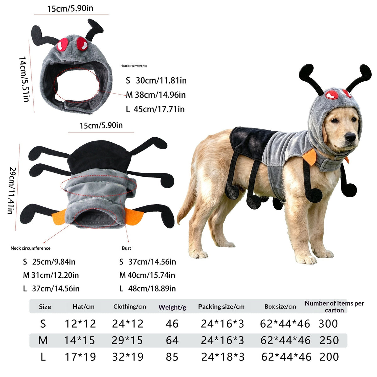 Dog wearing an ant costume beside hood, neck and chest measurements for sizes S–L