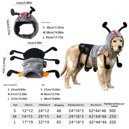 Dog wearing an ant costume beside hood, neck and chest measurements for sizes S–L