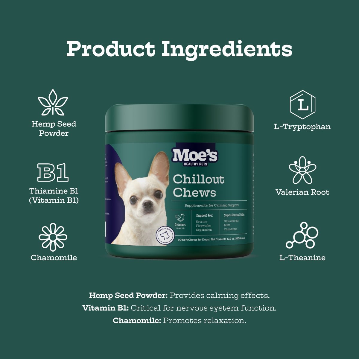 Moe's Chillout Chews - Dog Calming Supplements with Hemp & Chamomile