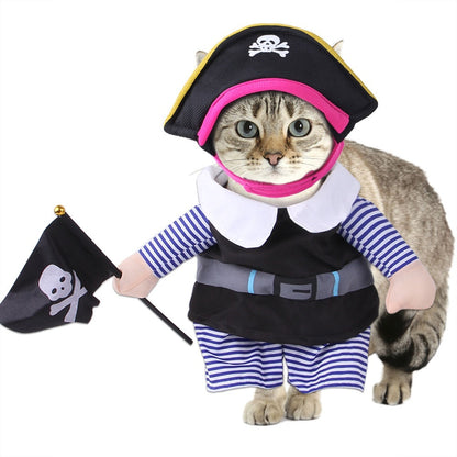Cat wearing a pirate costume with a skull-and-crossbones hat and miniature flag