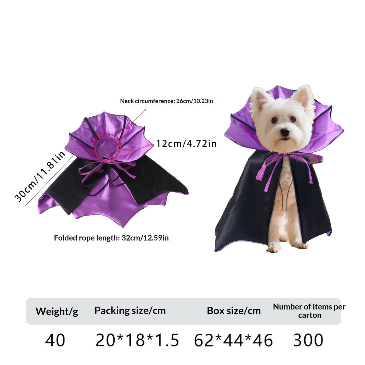 Dog wearing a short cape with a purple standing collar beside garment measurements