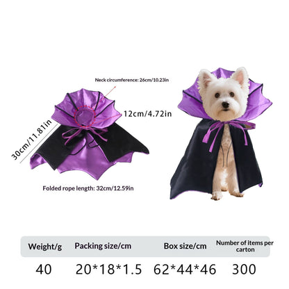 Dog wearing a short cape with a purple standing collar beside garment measurements
