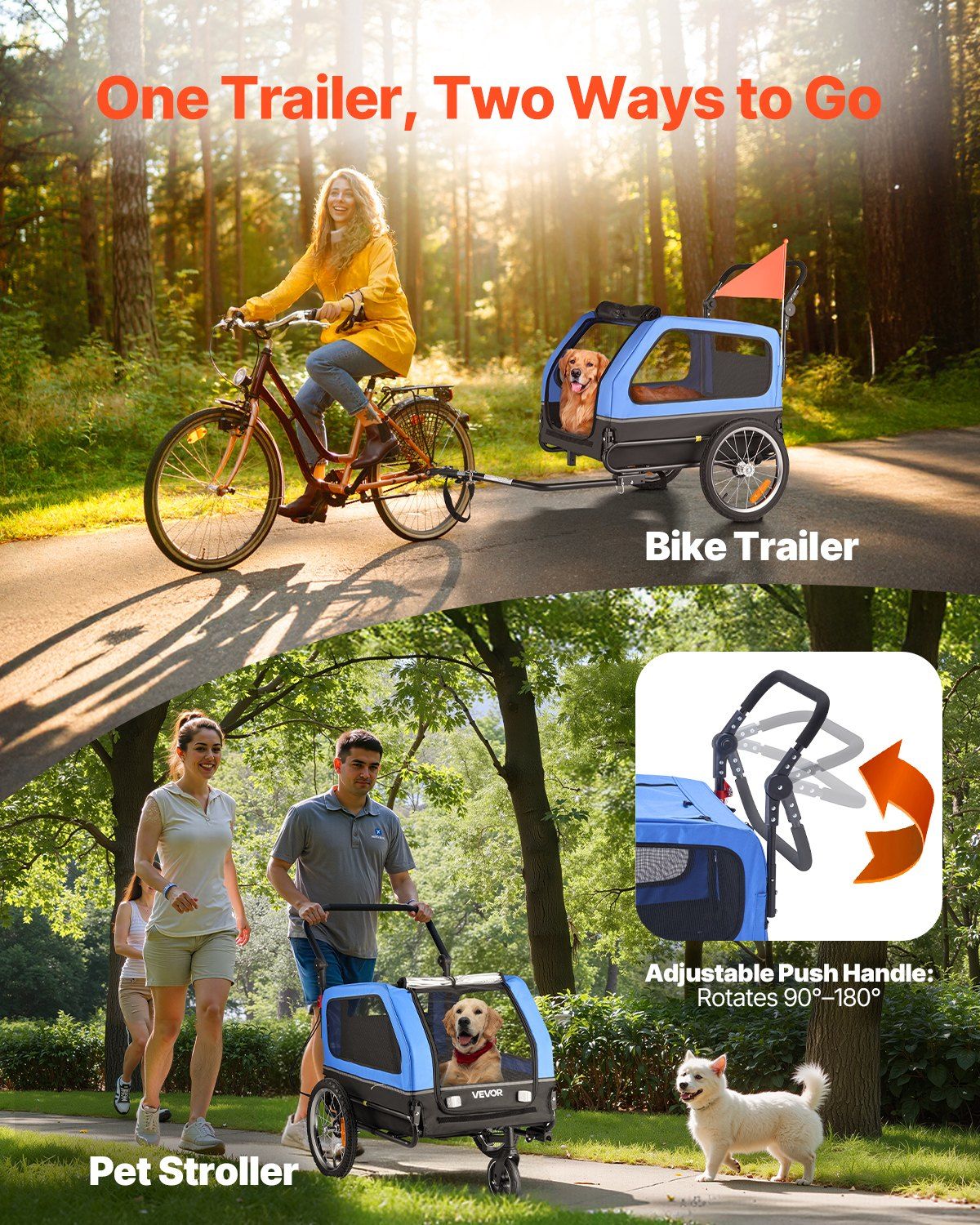VEVOR 2-in-1 Dog Bike Trailer & Pet Stroller (up to 88 lbs)