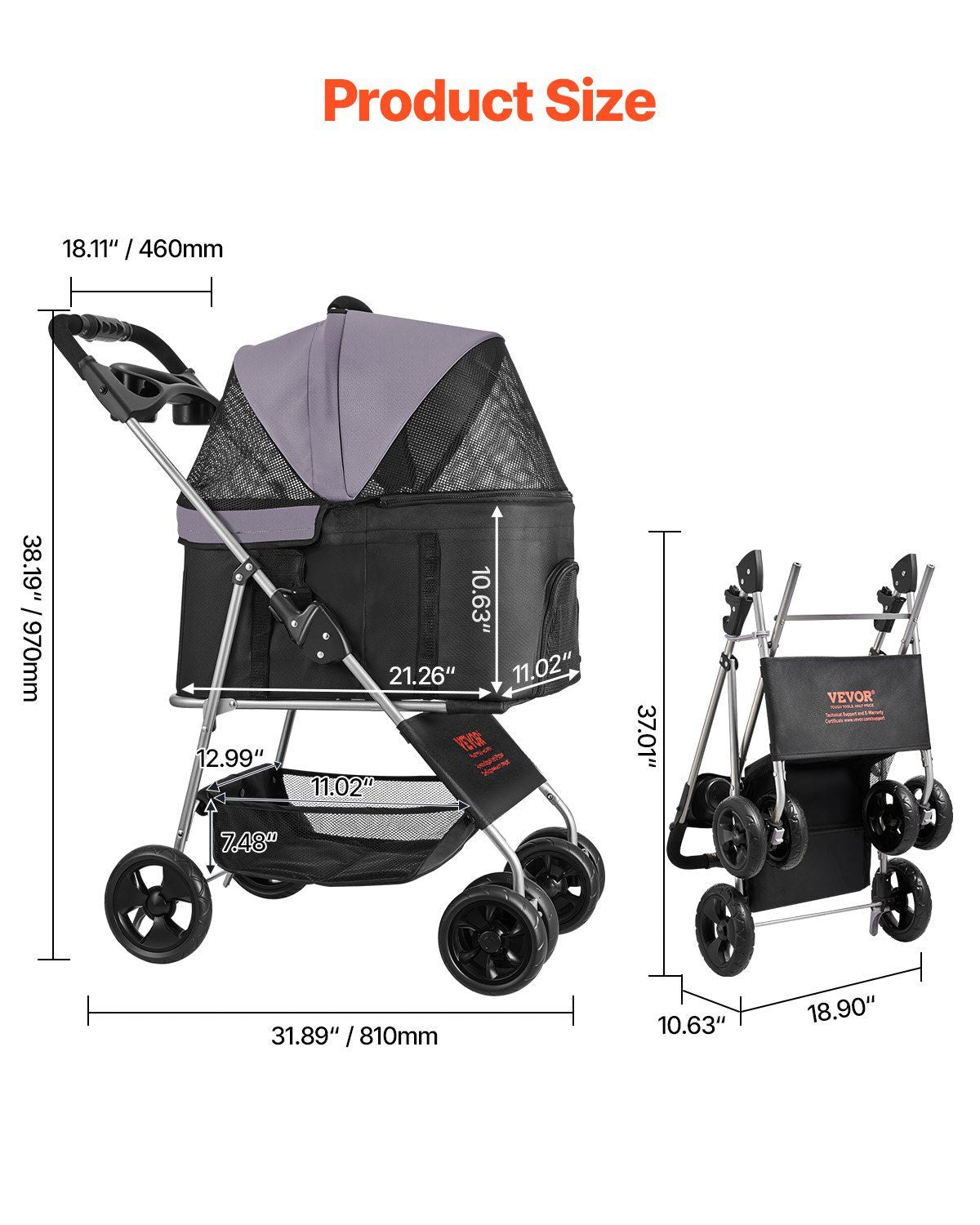 Foldable 4-Wheel Pet Stroller with Detachable Carrier for Small to Medium Pets